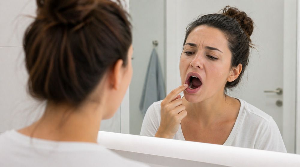 Mujer examinándose la boca para detectar lesiones orales.